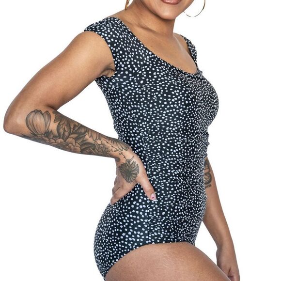 NWT Janela Bay Bardot One Piece Strappy Back Swimsuit Black White Dots Size XXXL - Picture 9 of 14